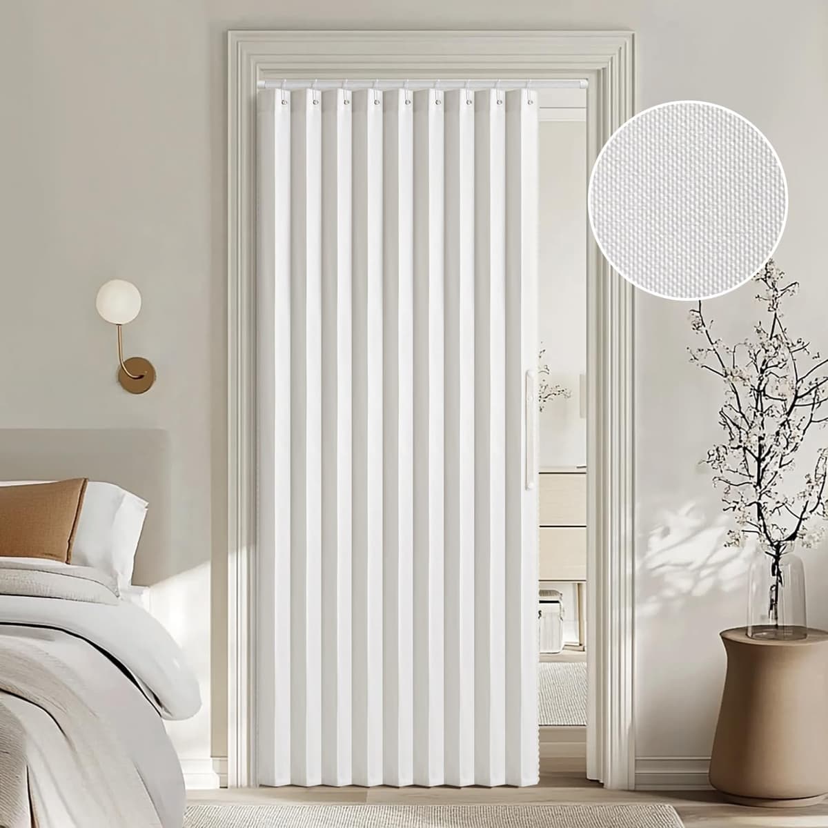 MIULEE Accordion Style Magnetic Folding Door Curtains for Doorways/Closet, Room Divider Pleated Cream Drapes with Hooks for Interior Living Room/Bedroom/Open Closet, White W39 x L78 inches, 1 Panel