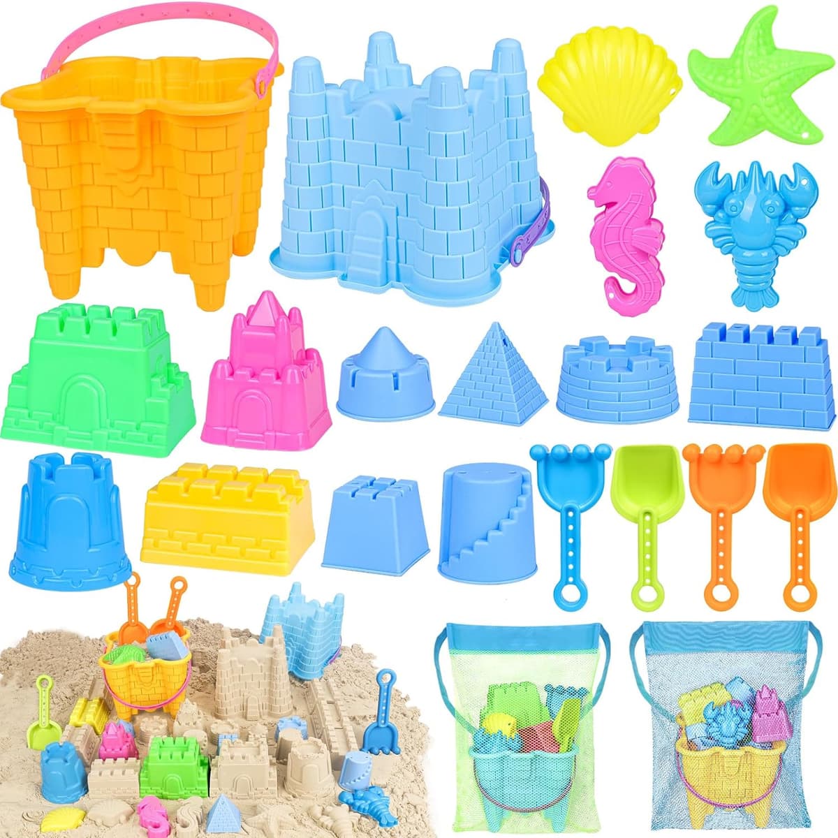 Beach Toys for Toddlers, Sand Castle Toys with 2 Sand Bucket, 2 Mesh Bag, 4 Shovels & Molds, Travel Sand Toys for Beach Sandbox Toys for Toddlers Kids Baby Boys Girls Age 3-10