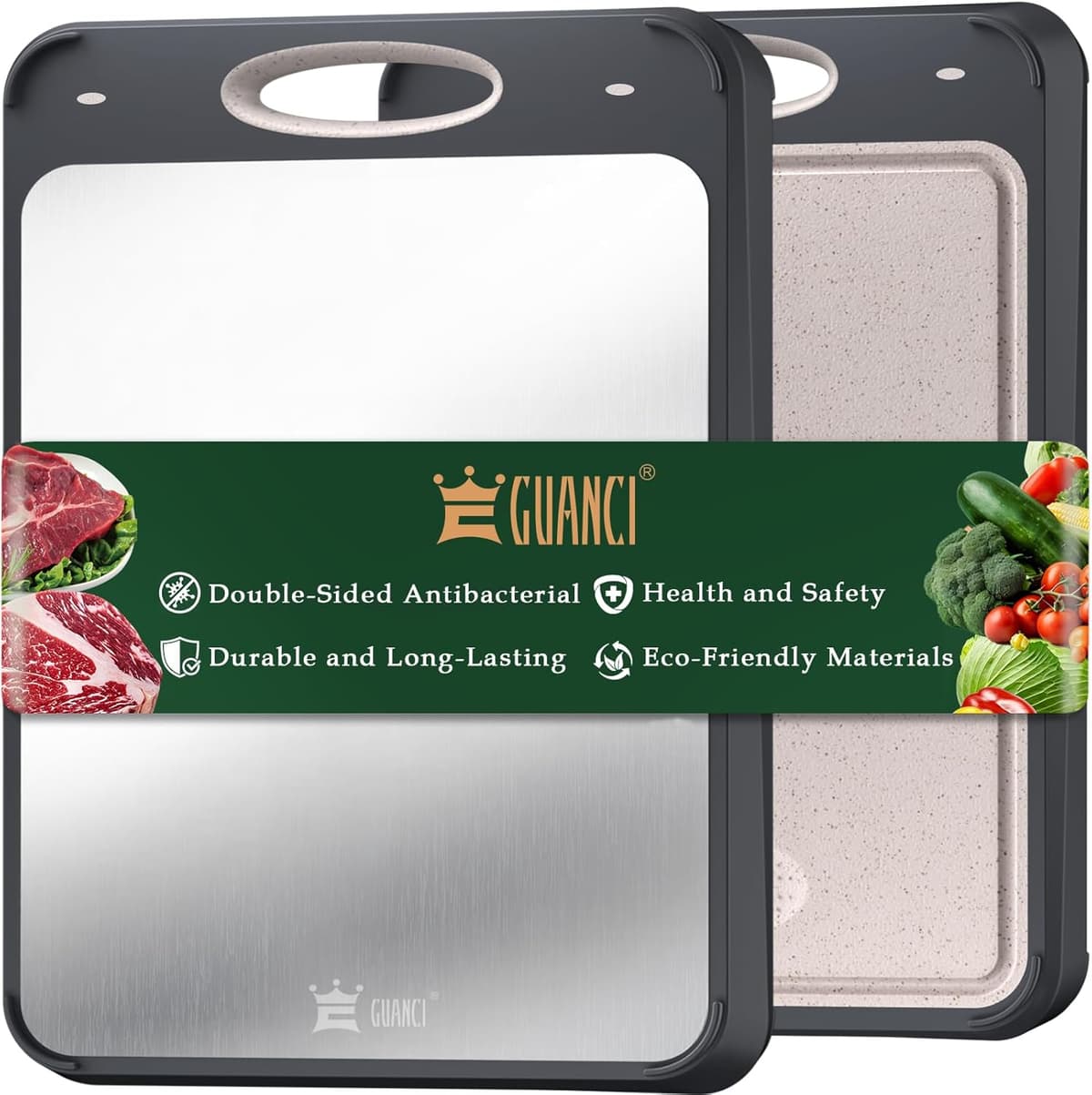 GUANCI Cutting Board for Kitchen Double Sided 304 Stainless Steel Chopping Board Food-Grade Stainless Steel and Wheat Straw PP Samll Size 14’’×9.6’’ Easy to Clean