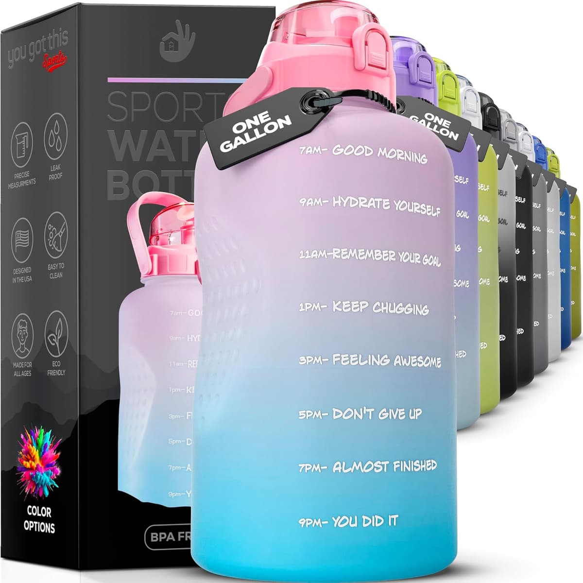 Motivational Water Bottle with Straw & Handle,One Gallon Water Bottle 128 oz/3.8L,Reusable Water Jug, Achieve All-Day Hydration SpillProof, BPA FREE