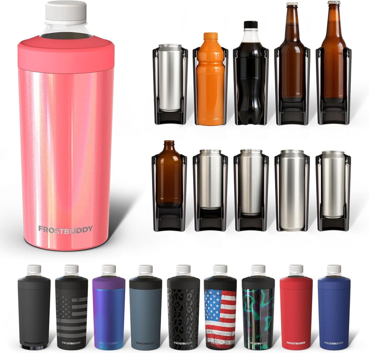 Universal Buddy XL Can Cooler by Frost Buddy - Fits 12-ounce, 16-ounce, 20-ounce, and 24-ounce Cans and Bottles - Keep Your Drinks Refreshingly Chilled for over 12 hours. (Pink)