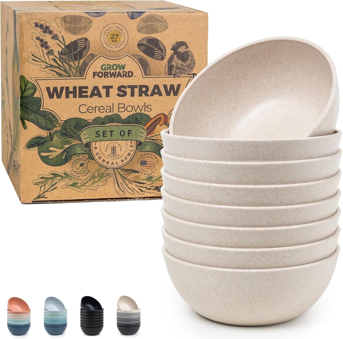 Grow Forward Premium Wheat Straw Bowls - 27oz Microwave Safe Plastic Cereal Bowls Set of 8 for Kitchen, Camping, RV, Dessert, Snack, Soup, Salad, Fruit - Reusable, Unbreakable & BPA Free - Sahara