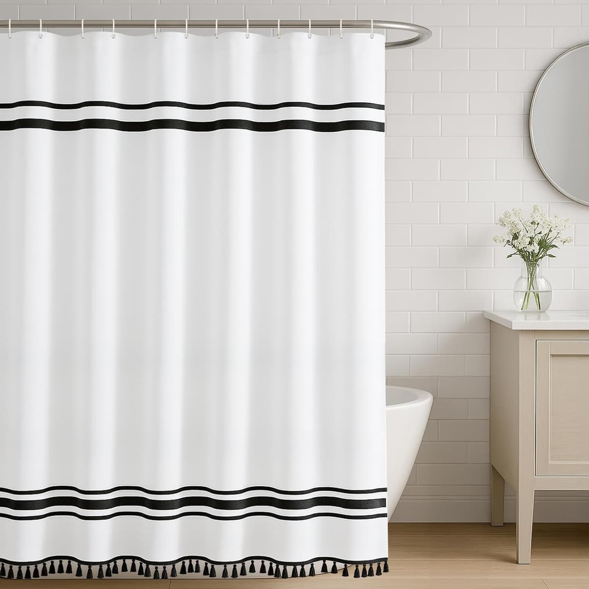 Seasonwood Black and White Shower Curtain Farmhouse Shower Curtain Striped Shower Curtains for Bathroom Sets Boho Shower Curtains with Tassels Modern Bathroom Curtains Decor Waterproof Fabric 72"x72"