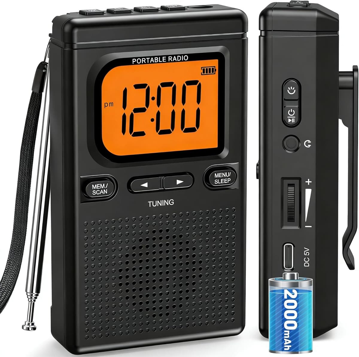 2000mAh Rechargeable AM FM Radio with Bluetooth Portable Transistor Pocket Radio with Best Reception Digital Tuning, Flashlight,LCD Screen,Earphone Jack, Sleep Timer and Alarm Clock for Jogging