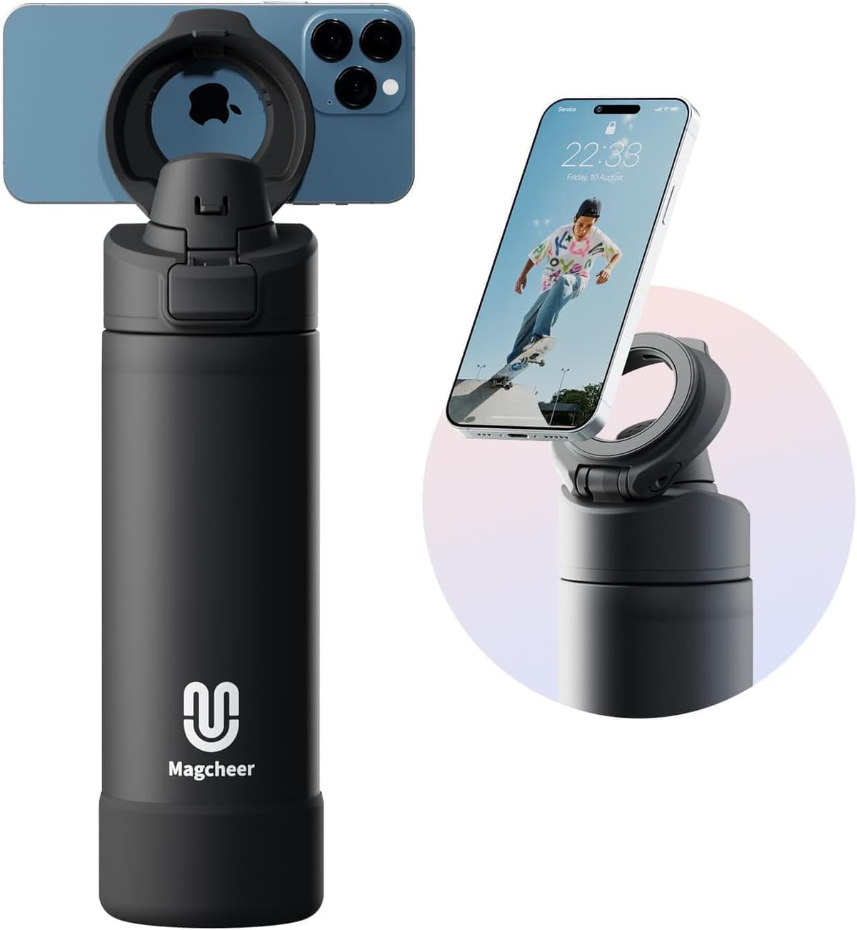 Insulated Magnetic Water Bottle - Reusable Stainless Steel Bottle with MagSafe Compatible Phone Holder - Keeps Cold for 24 Hours - Perfect for Gym, Sports, and Travel - Black 24oz