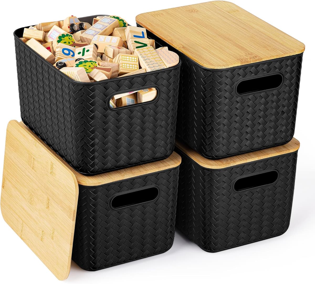 4 Packs Storage Bins with Bamboo Lids - Plastic Storage Containers with Lids Stackable Storage Box: Storages Baskets for Organizing Desktop Closet Playroom Classroom Office, Black
