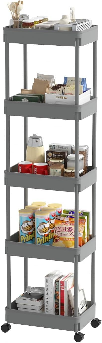 Sooyee 5-Tier Plastic Rolling Utility Cart with Wheels, Multi-Functional Storage Trolley for Office, Living Room, Kitchen, Movable Storage Organizer with Wheels,WHITE